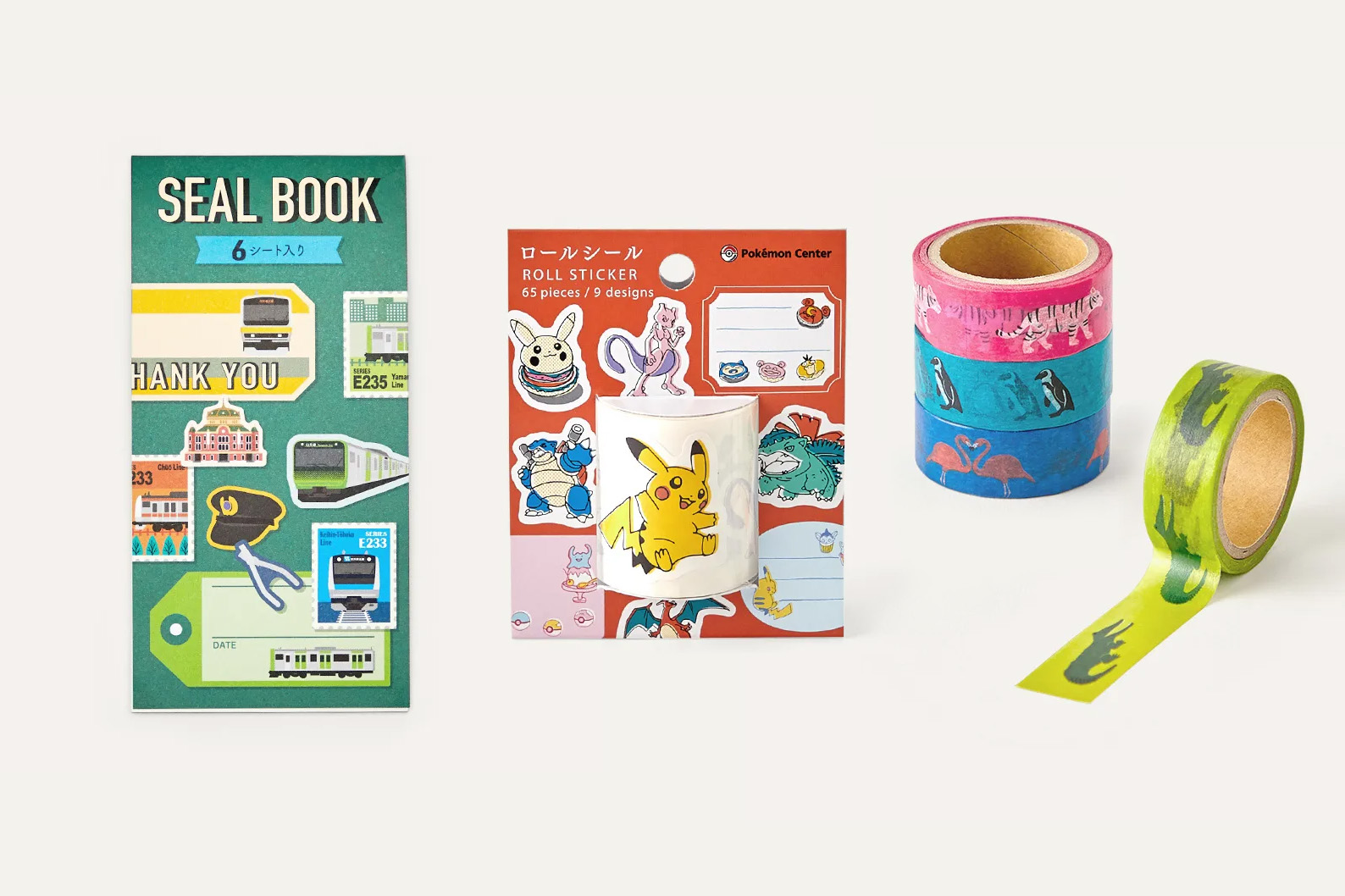 JR山手線柄のOEMシールブック、ポケモンのロールシール、海遊館のオリジナルマスキングテープ３柄